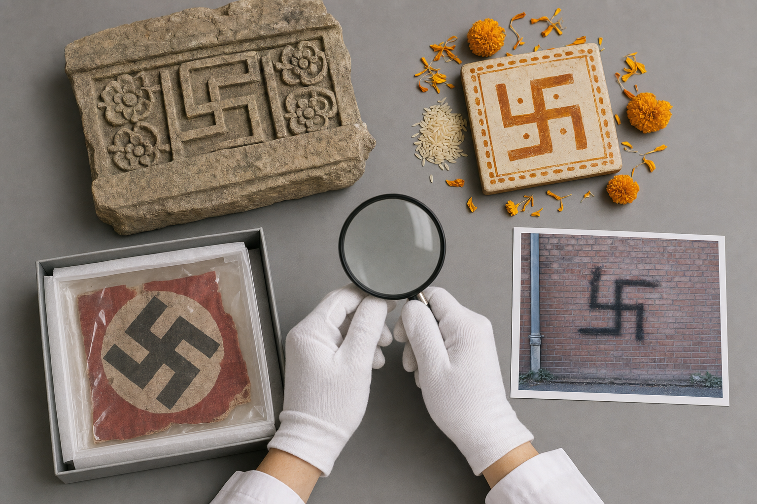 Gloved hands examine contextual objects including a temple carving, a ritual tile, an archived Nazi banner fragment, and a photograph of hate graffiti.
