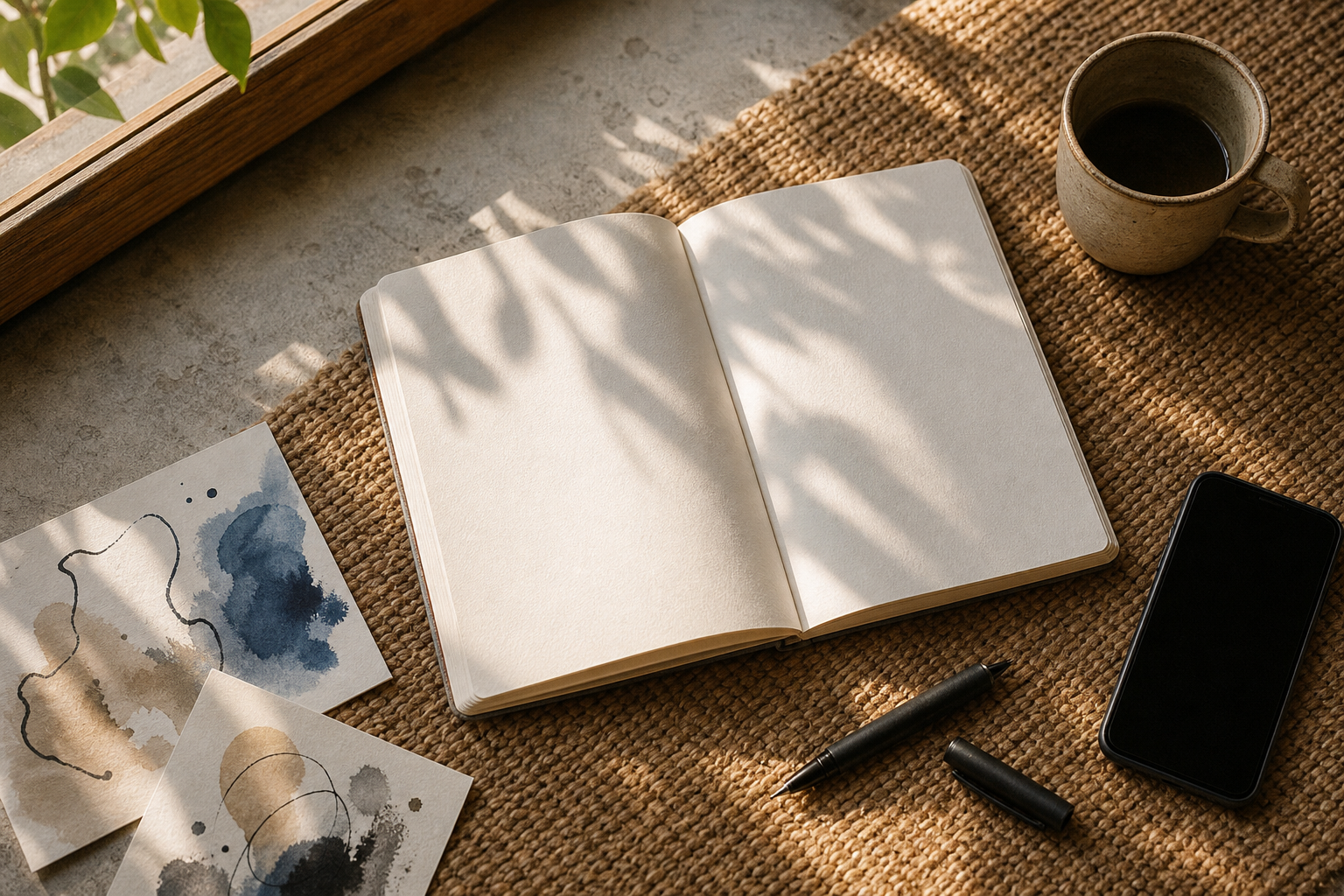 A blank journal and pen rest in morning light on a woven mat, while a powered-off smartphone sits in shadow at the edge.