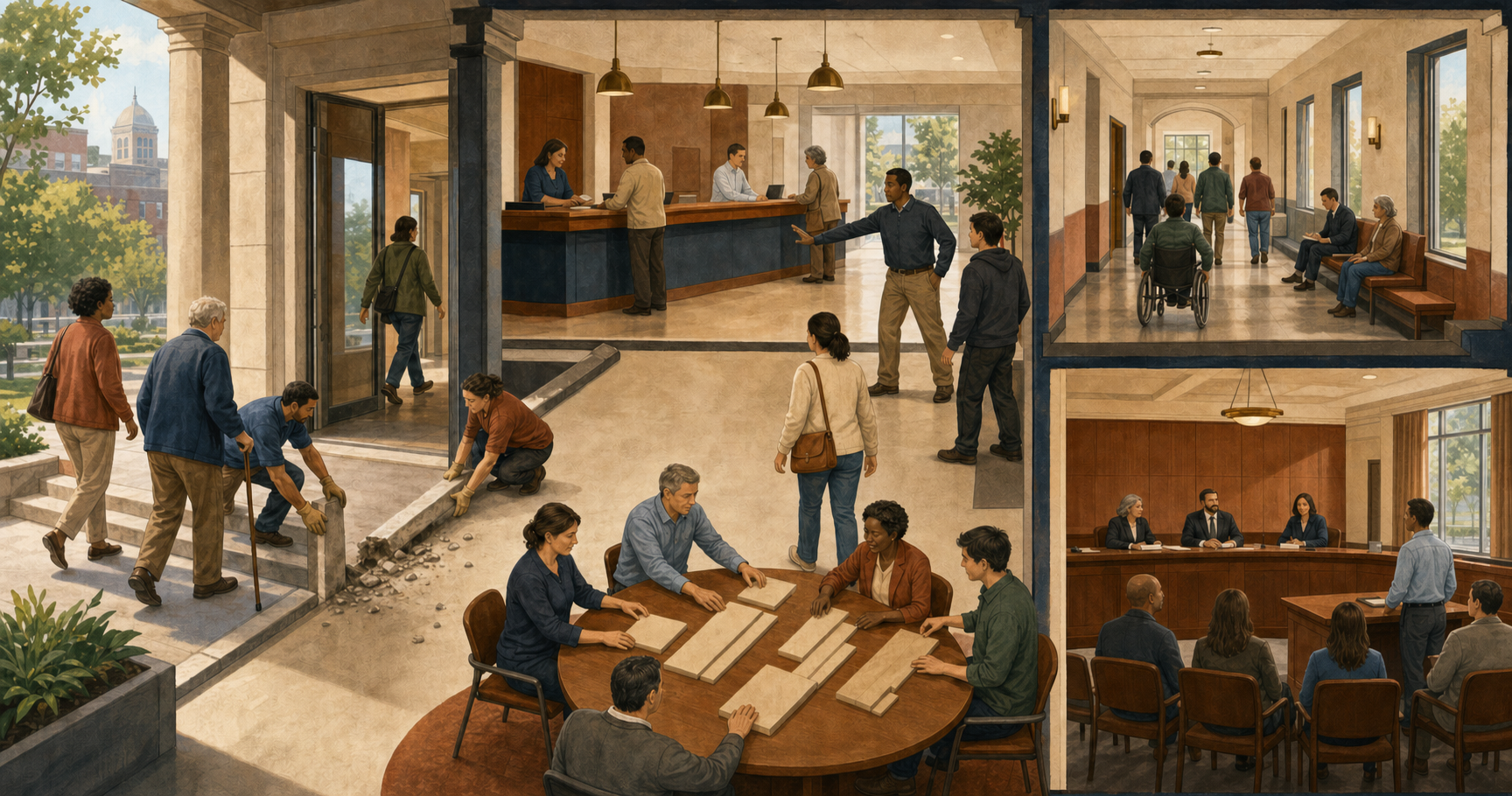 Staff in a cutaway public building remove an entrance barrier, prevent doorway obstruction and revise procedures around a round table as visitors use the accessible space.