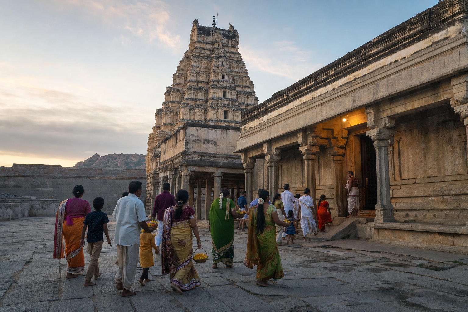 Worshippers carrying offerings toward the entrance of Hampi's active Virupaksha temple in the early morning.