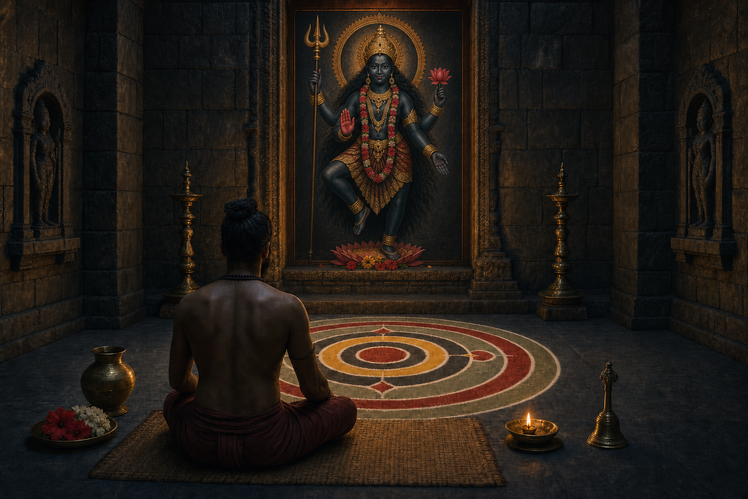 A seated practitioner faces a colored geometric mandala and a traditional image of Kali in a lamplit stone chamber.