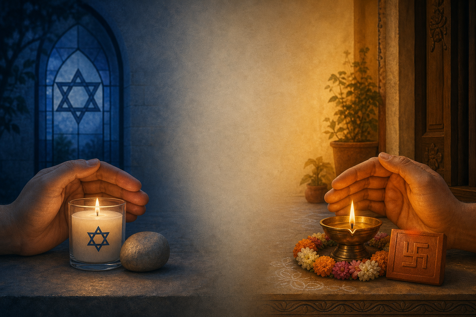 Hands shelter a Jewish memorial candle and Star of David in one setting and a sacred Swastika tile with a ritual lamp in a separate Dharmic setting.