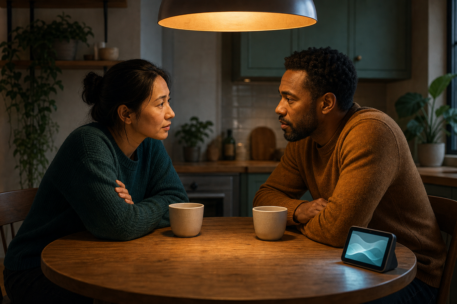 Two adults speak face to face across a kitchen table while a small digital device remains at the table's outer edge.