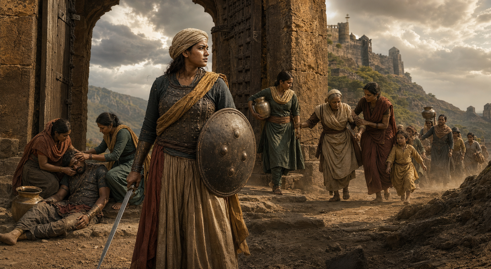 An unnamed woman with a shield and lowered sword guards a hill-fort gate as other women lead children and elders to safety.