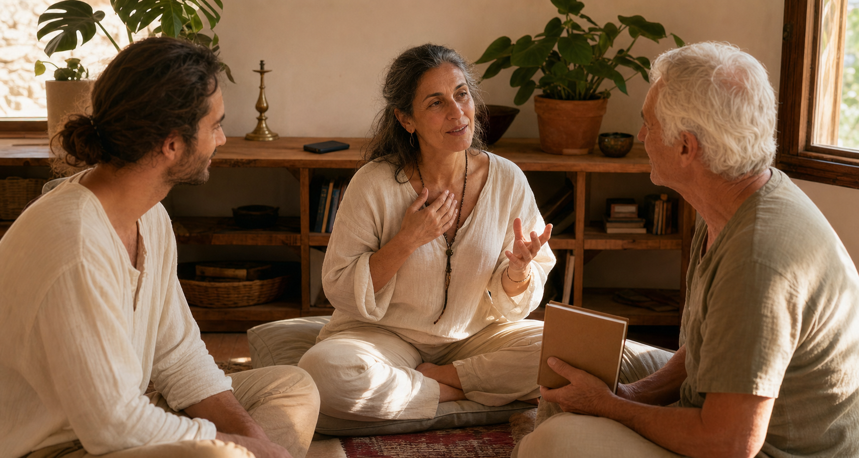 Three adults sit in a sunlit circle, listening and speaking together, while a switched-off phone rests on a shelf behind them.