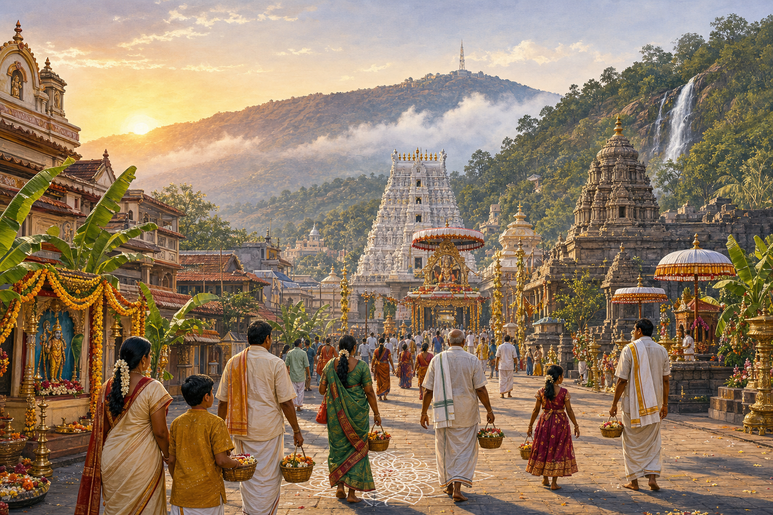 Pilgrims carrying flower offerings walk through a decorated Tirupati temple setting with gopurams, lamps, a processional canopy, forested hills, and a waterfall at dawn.