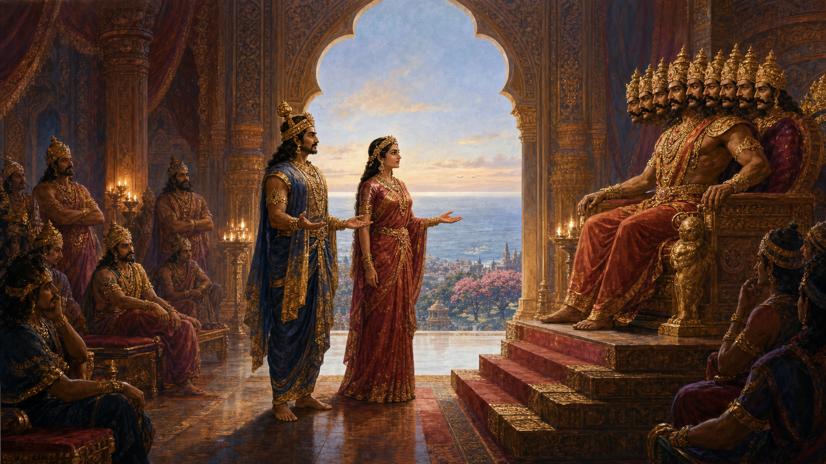 Vibhishana and Mandodari counsel Ravana in a lamplit royal court overlooking the city of Lanka and the sea.