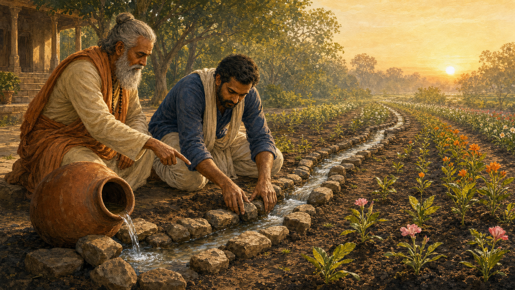 A spiritual teacher guides an adult disciple as they redirect water through a stone channel toward young plants in an ashram garden at sunrise.