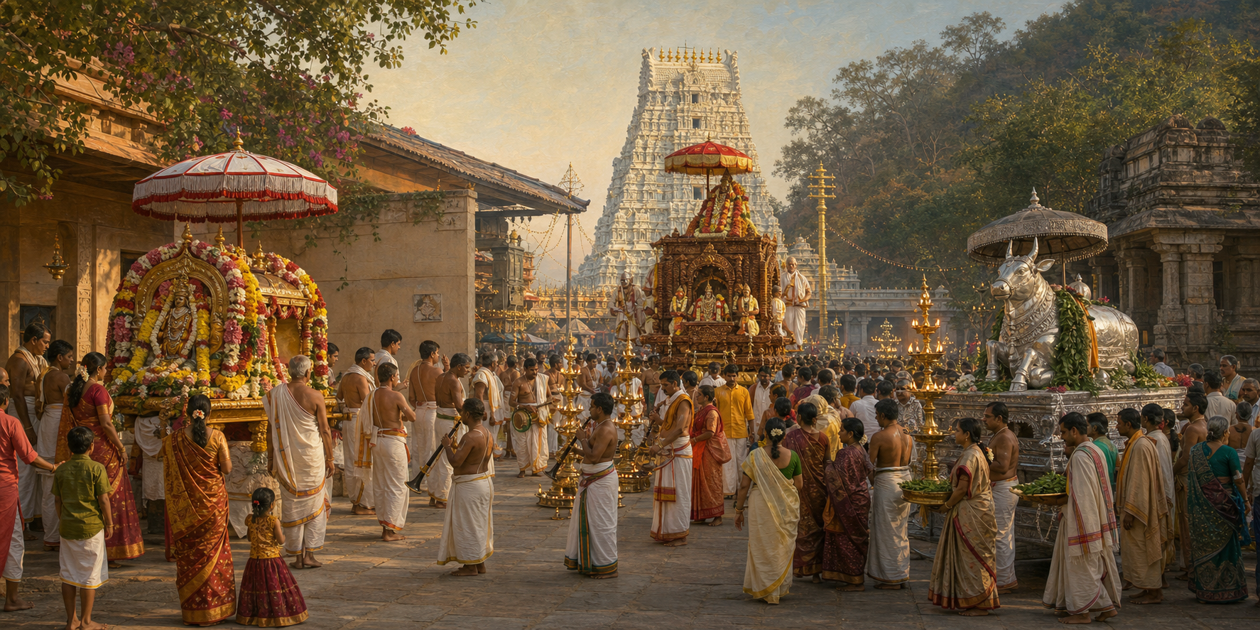 A seamless illustration contrasts a Rama temple palanquin ceremony, a Vaishnava Brahmotsavam procession, and a Shaiva Nandi procession in three connected temple settings.