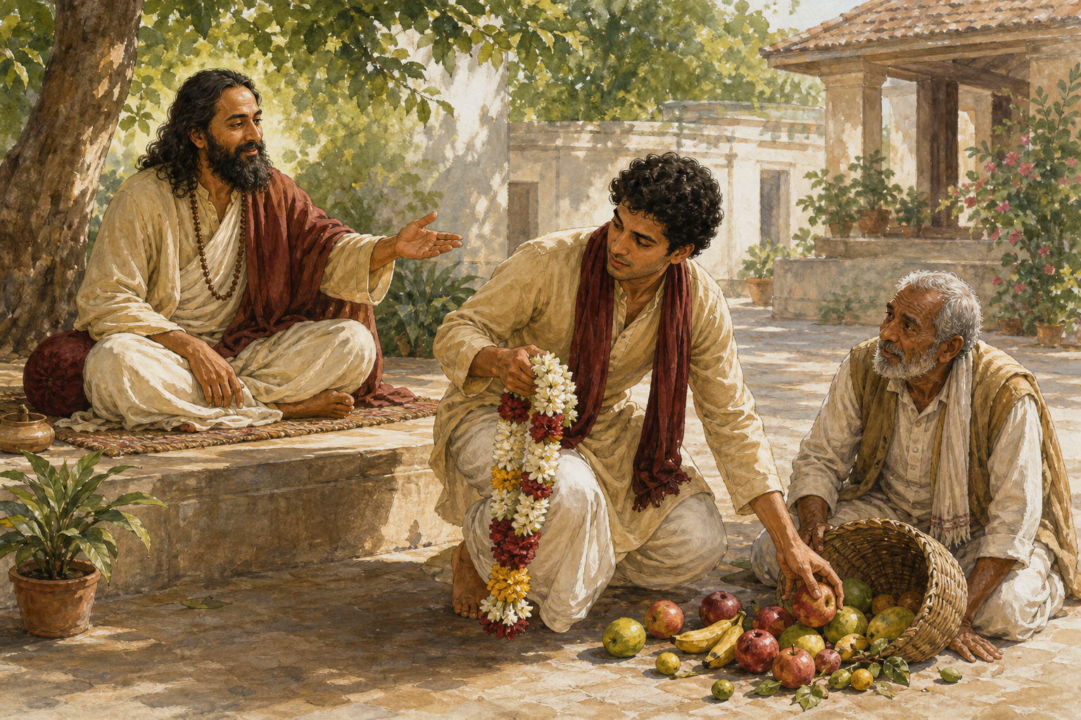 A devotee holding a flower garland turns to help an older visitor after a seated teacher gestures toward the visitor's spilled basket.