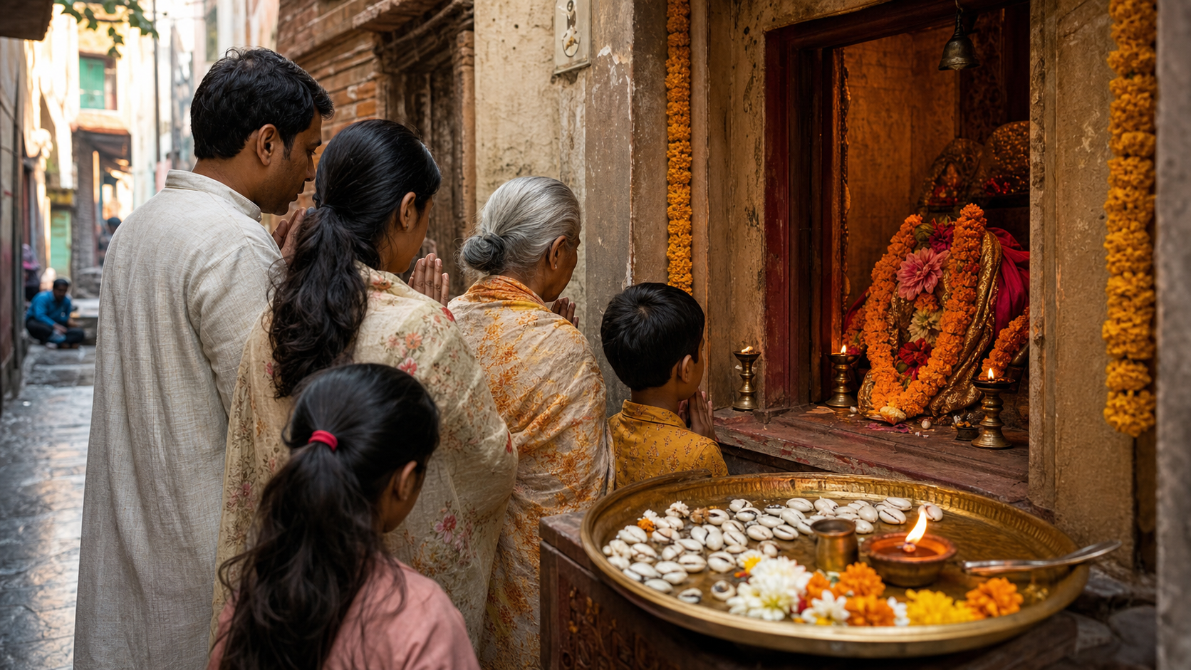 A multigenerational family offers prayers before a flower-adorned goddess shrine in a narrow Kashi lane, with cowrie shells and a brass puja tray nearby.