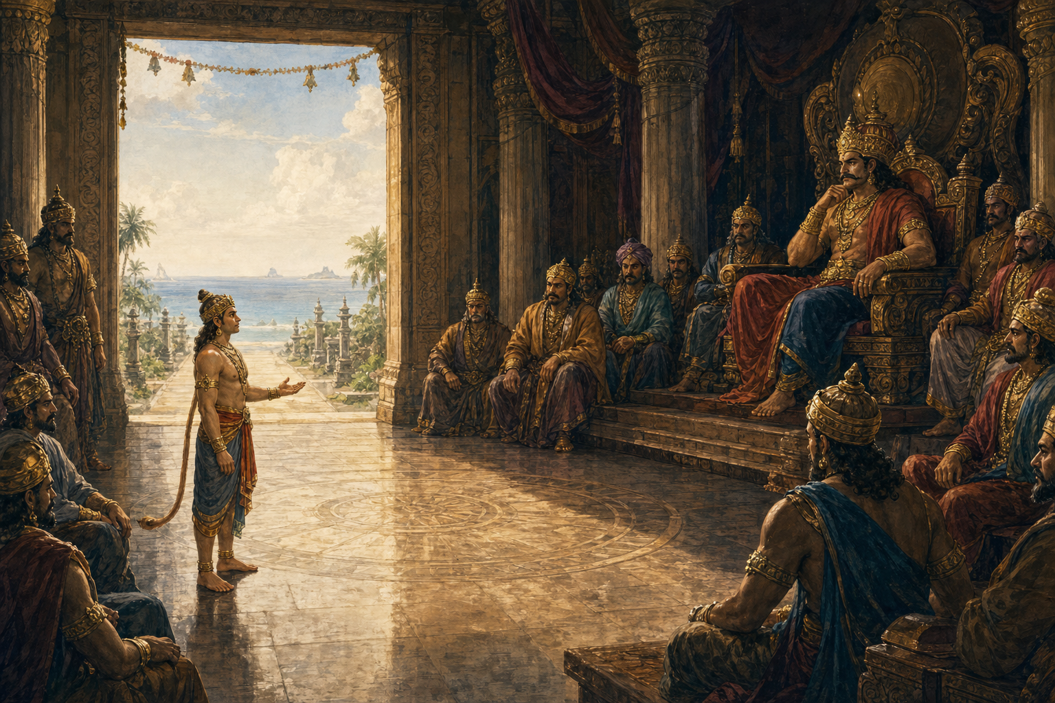 Angada stands with an open hand before Ravana and his courtiers while a sunlit doorway and peaceful road remain visible behind him.