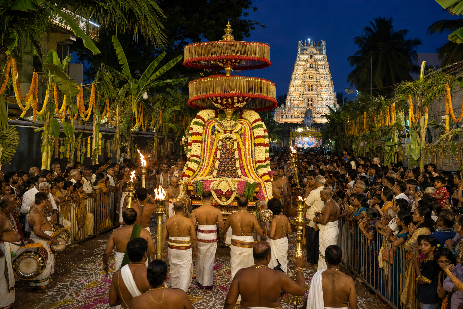 A flower-covered ceremonial vahana moves through a crowded temple street with priests, musicians, lamp bearers, volunteers, pilgrims, and an illuminated gopuram at dusk.