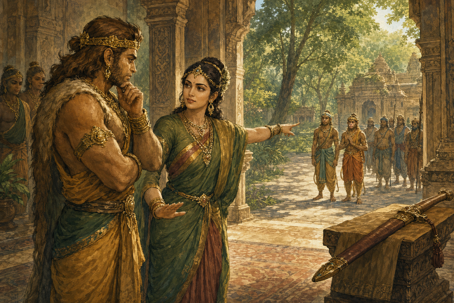 Tara gestures toward returning scouts while counseling Vali beside a sheathed sword at the threshold of Kishkindha's palace.