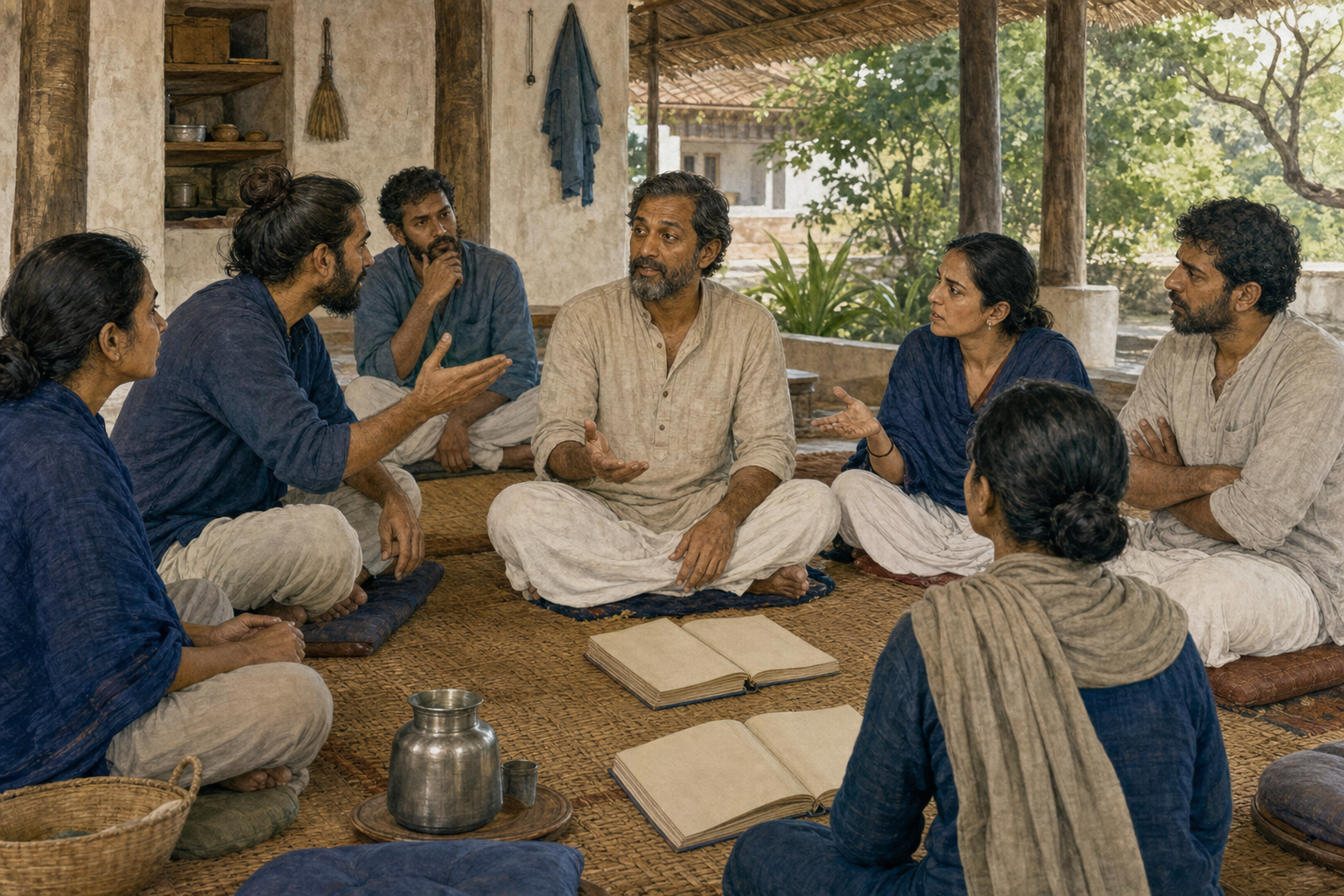 A seeker observes a plainly dressed spiritual teacher calmly answering students in a modest open teaching pavilion.