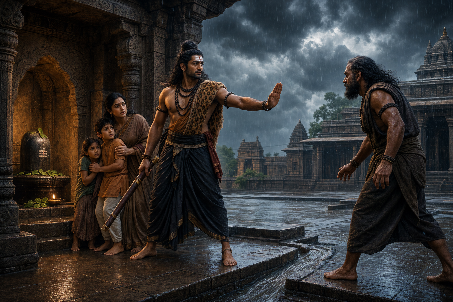 A calm guardian in a temple courtyard shields a family with an outstretched hand while an angry pursuer stops at a respectful distance.
