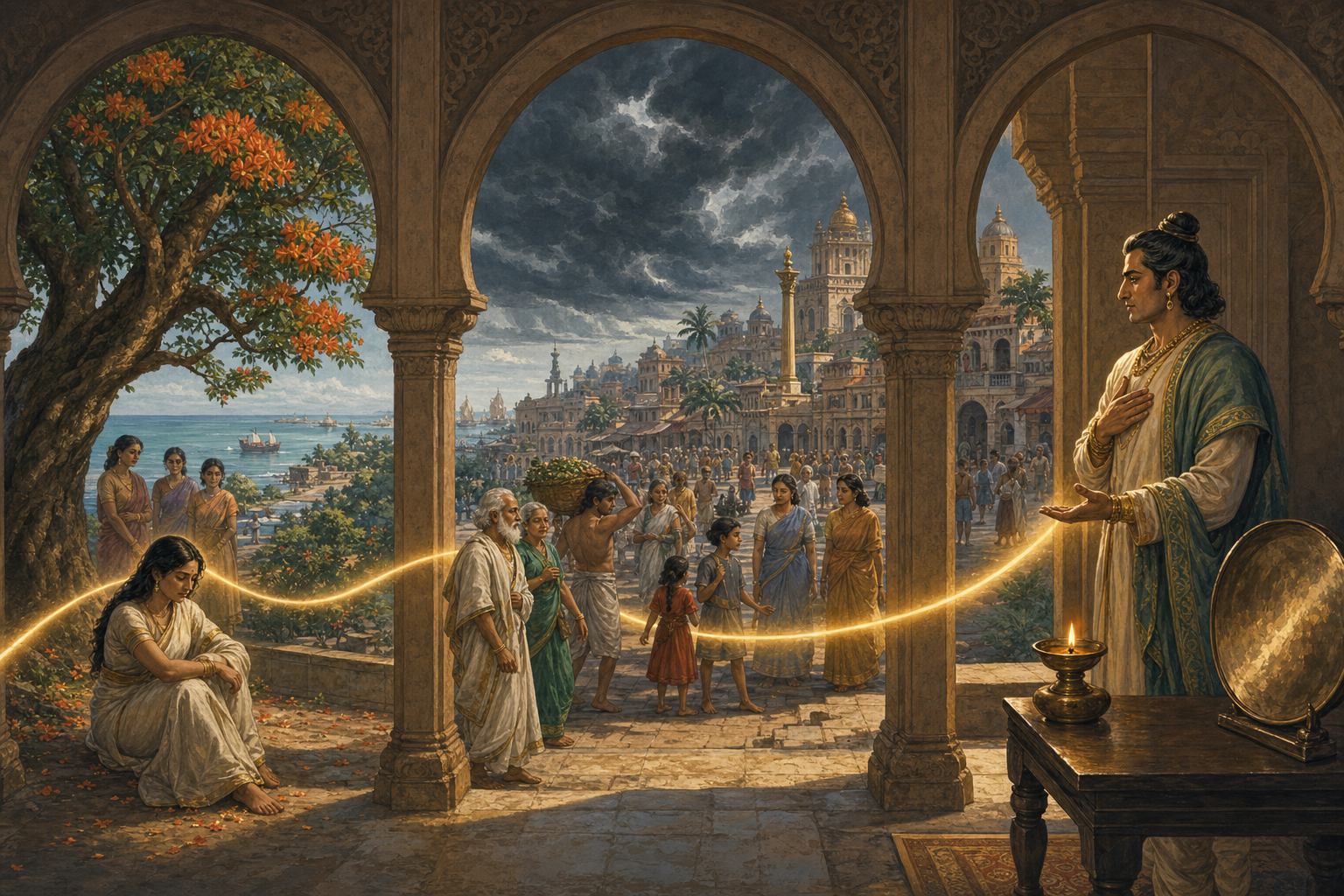 Three stone arches reveal a captive woman beneath a tree, families in an island city, and a counselor beside a lamp and bronze mirror.