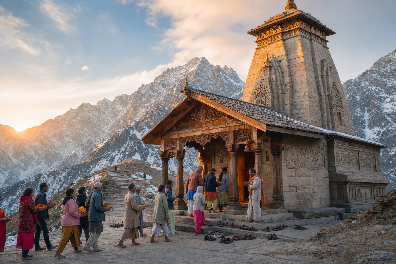 Pilgrims approach a stone Hindu temple in the Himalayas at dawn while attendants guide an orderly queue.