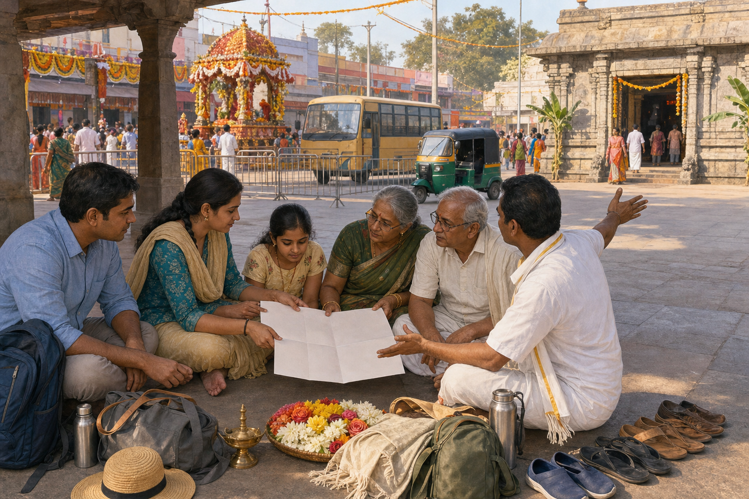 A multigenerational pilgrim family reviews a blank folded map near two temple routes, with flower offerings, water bottles, a shuttle bus, and festival activity nearby.
