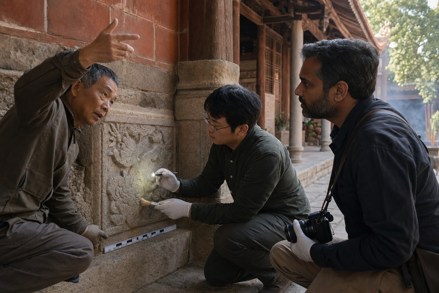 A temple caretaker and two heritage researchers examine a reused carved granite relief in place within a maintained Quanzhou courtyard.