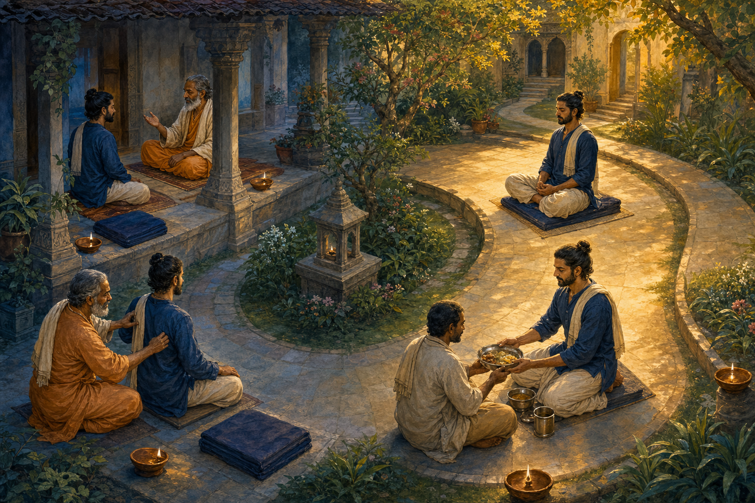 Four moments around an ashram courtyard show the same disciple receiving instruction, meditating, serving a meal, and returning for correction.