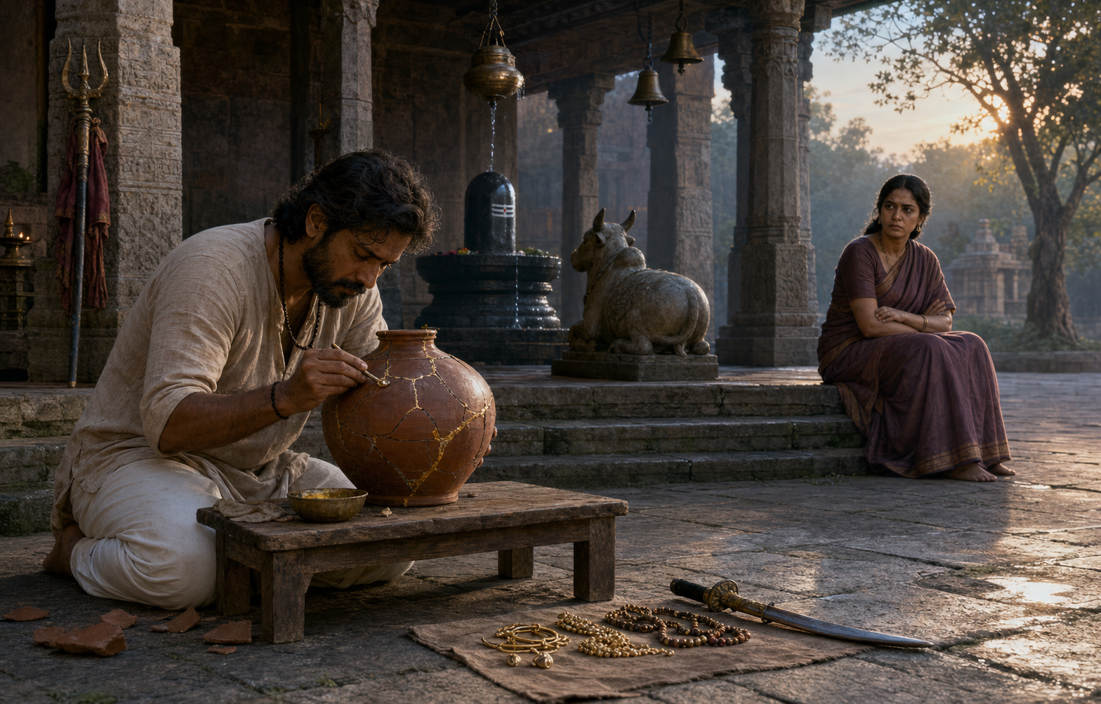 A remorseful devotee repairs a visibly cracked clay vessel while another person watches near a Shiva shrine at dawn.