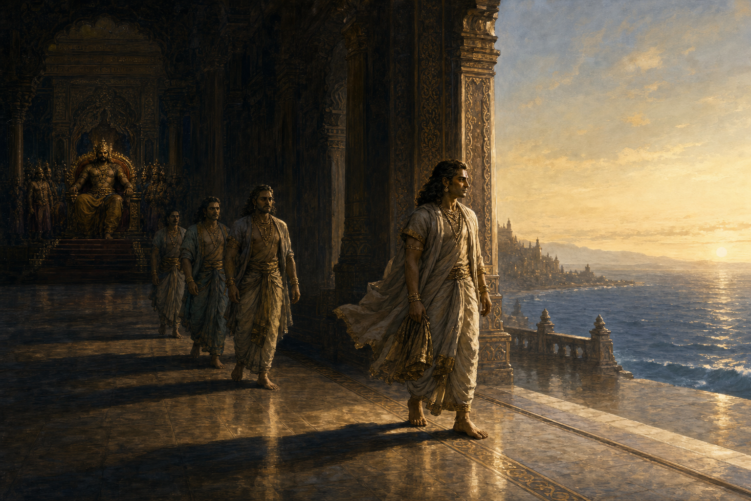 Vibhishana and several companions leave a shadowed royal hall and step toward the sea at dawn.