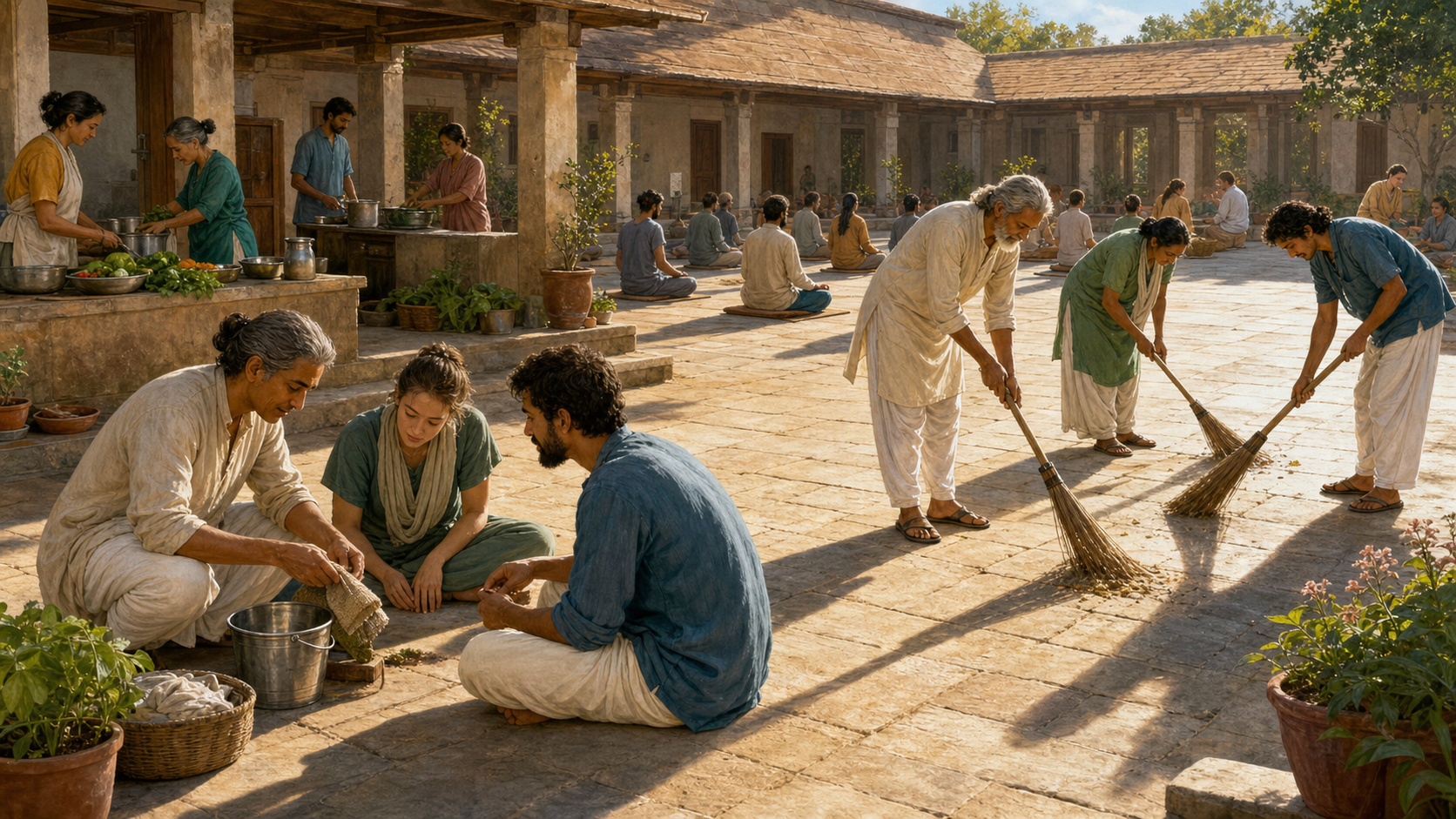 A spiritual teacher and adult community members meditate, prepare food, sweep paths, and practice together in an open ashram courtyard.