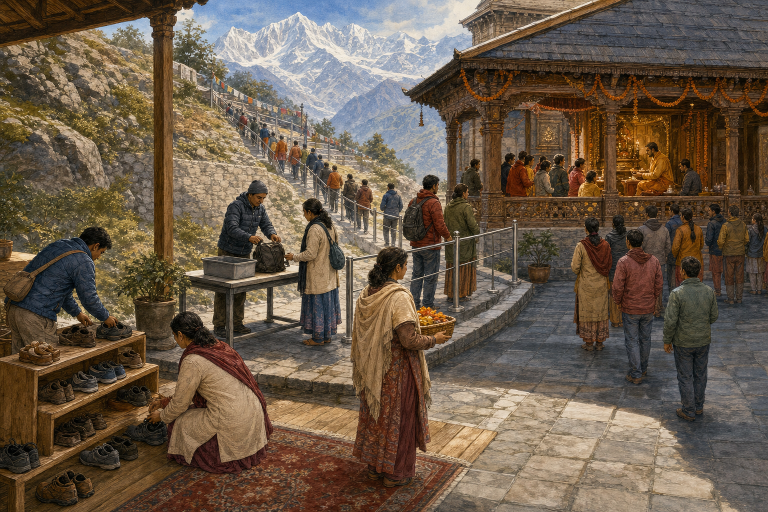 A temple complex uses separate spaces for shoe removal, bag screening, crowd control, general darshan, and a limited ritual.