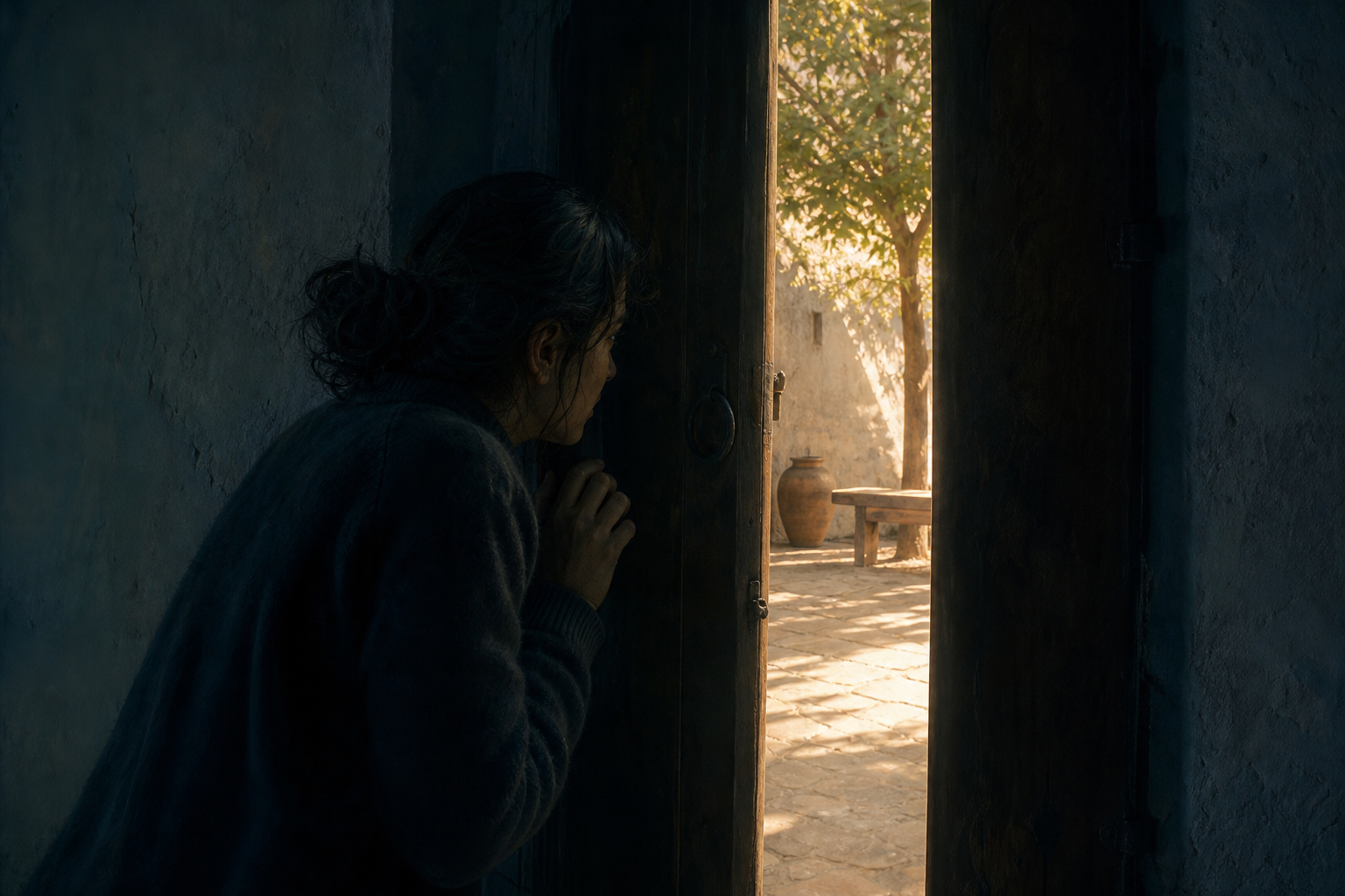 An anxious person peers through a narrow doorway toward a spacious sunlit courtyard with a tree, water vessel, and bench.