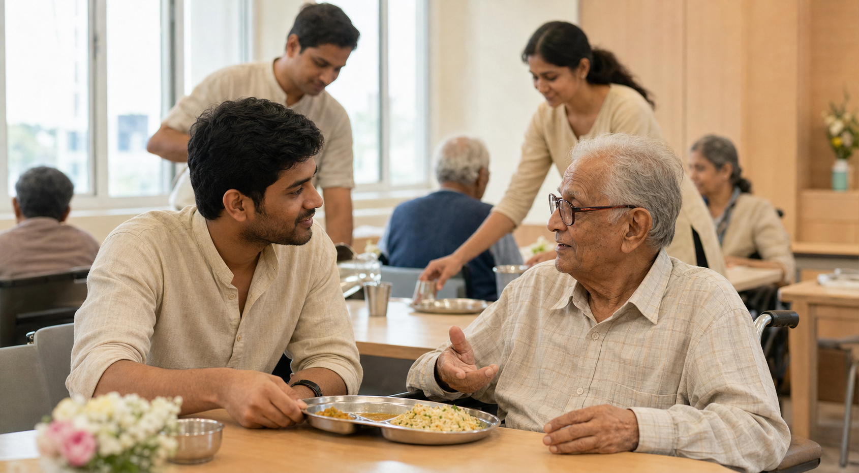 A seated volunteer offers a meal to an older community member at the same table while other volunteers prepare the welcoming space.
