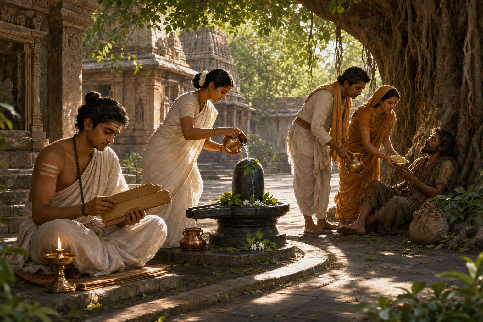 In a temple courtyard, one practitioner studies a palm-leaf manuscript, another offers bilva leaves at a Shiva lingam, and two devotees help a tired traveler.