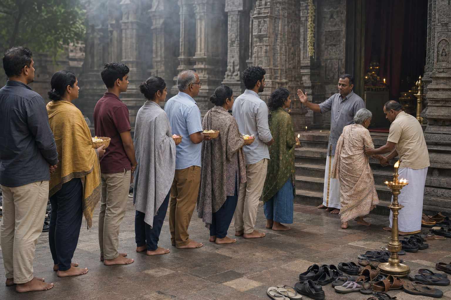Visitors follow the same quiet queue, shoe-removal, modest-dress, and restricted-threshold practices in a temple forecourt.