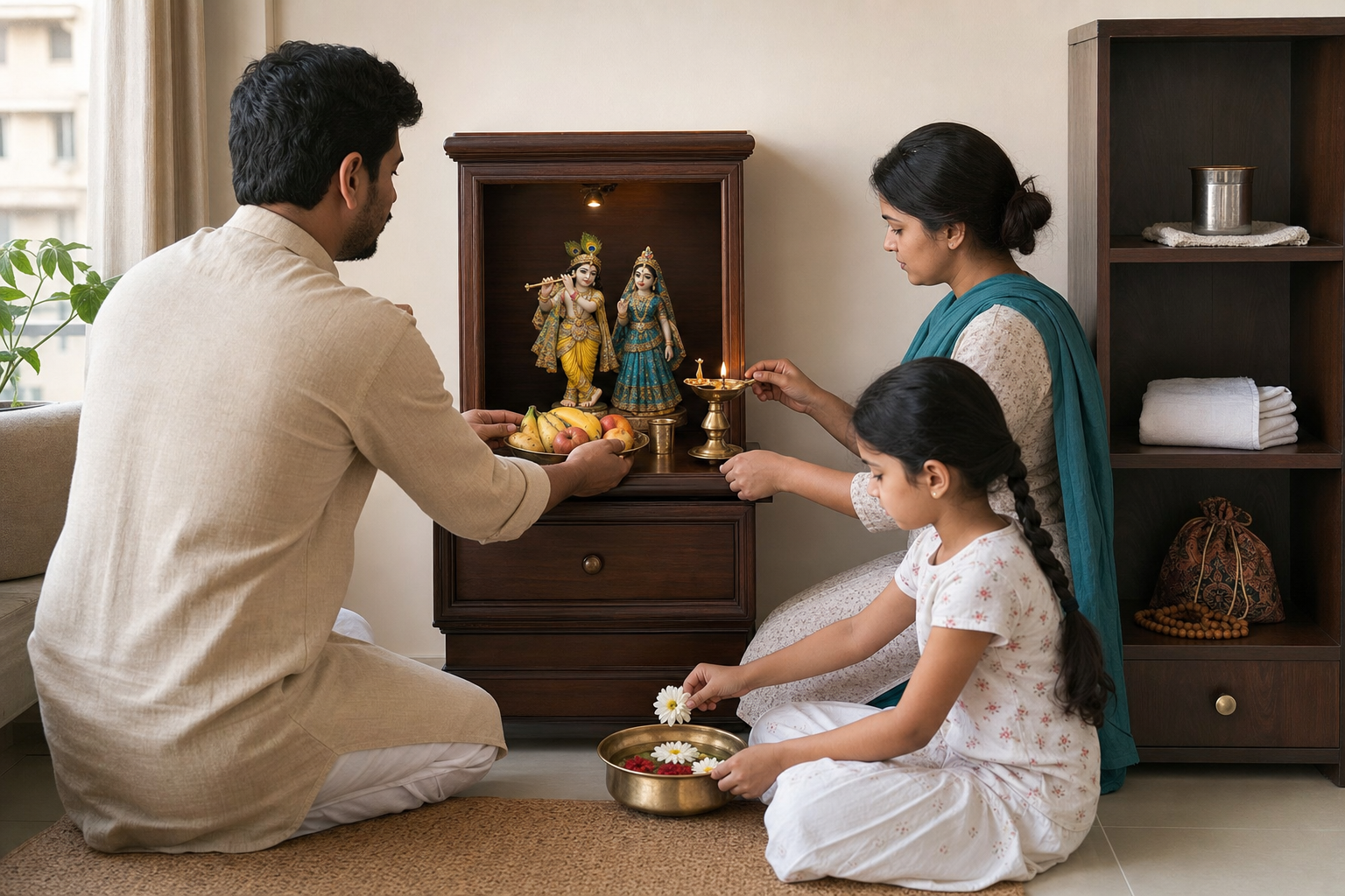 A family carries out simple morning worship at a clean home altar by arranging fruit, a lamp and a fresh flower.