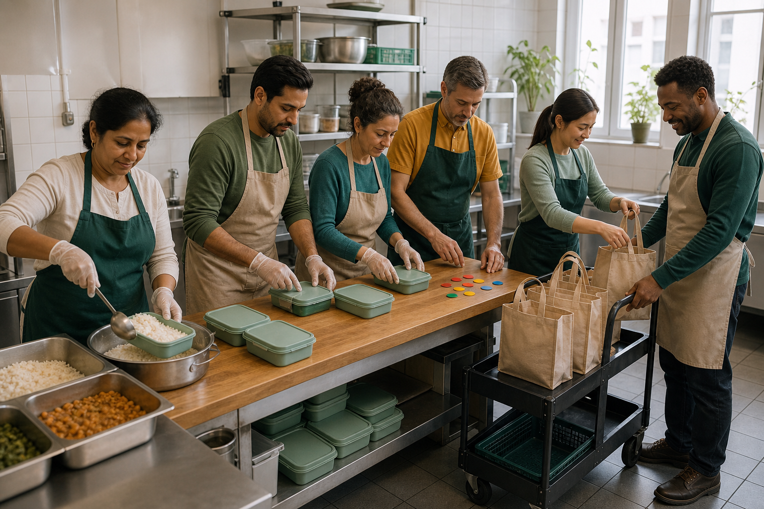 Six volunteers work in an orderly community kitchen to prepare a manageable number of meals for regular neighborhood delivery.