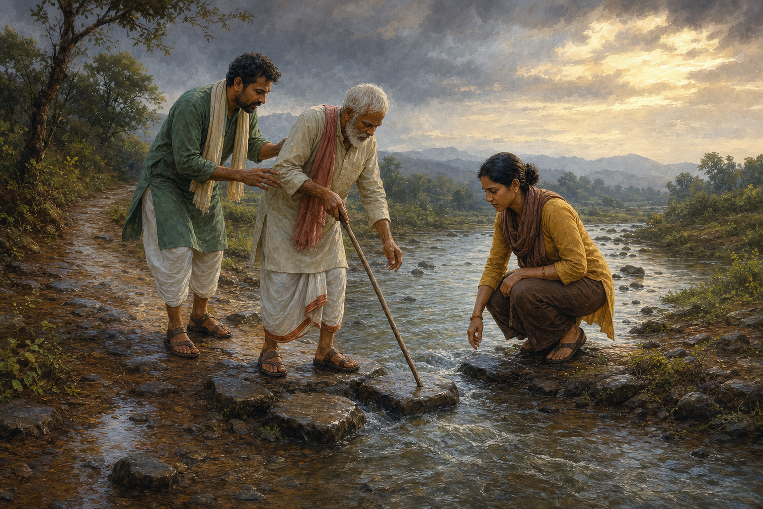 Three adults assess stepping stones in a shallow stream while one tests the footing and another supports a companion.