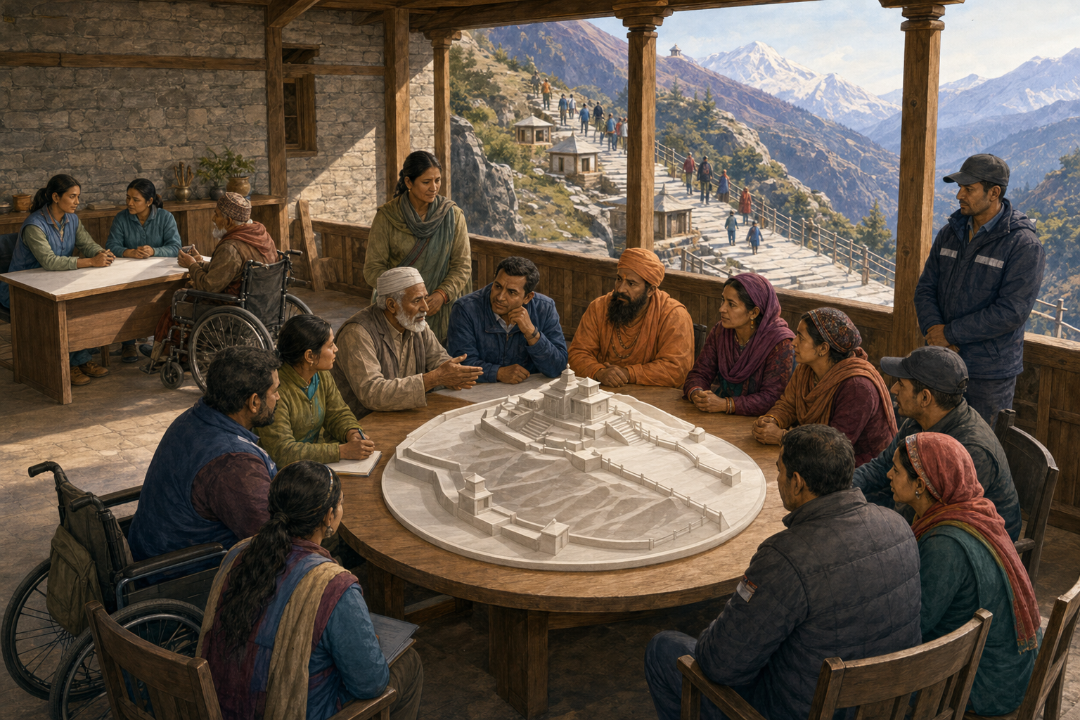 Temple representatives, local residents, safety staff, accessibility advocates, and pilgrims discuss a model of a Himalayan pilgrimage route around one table.