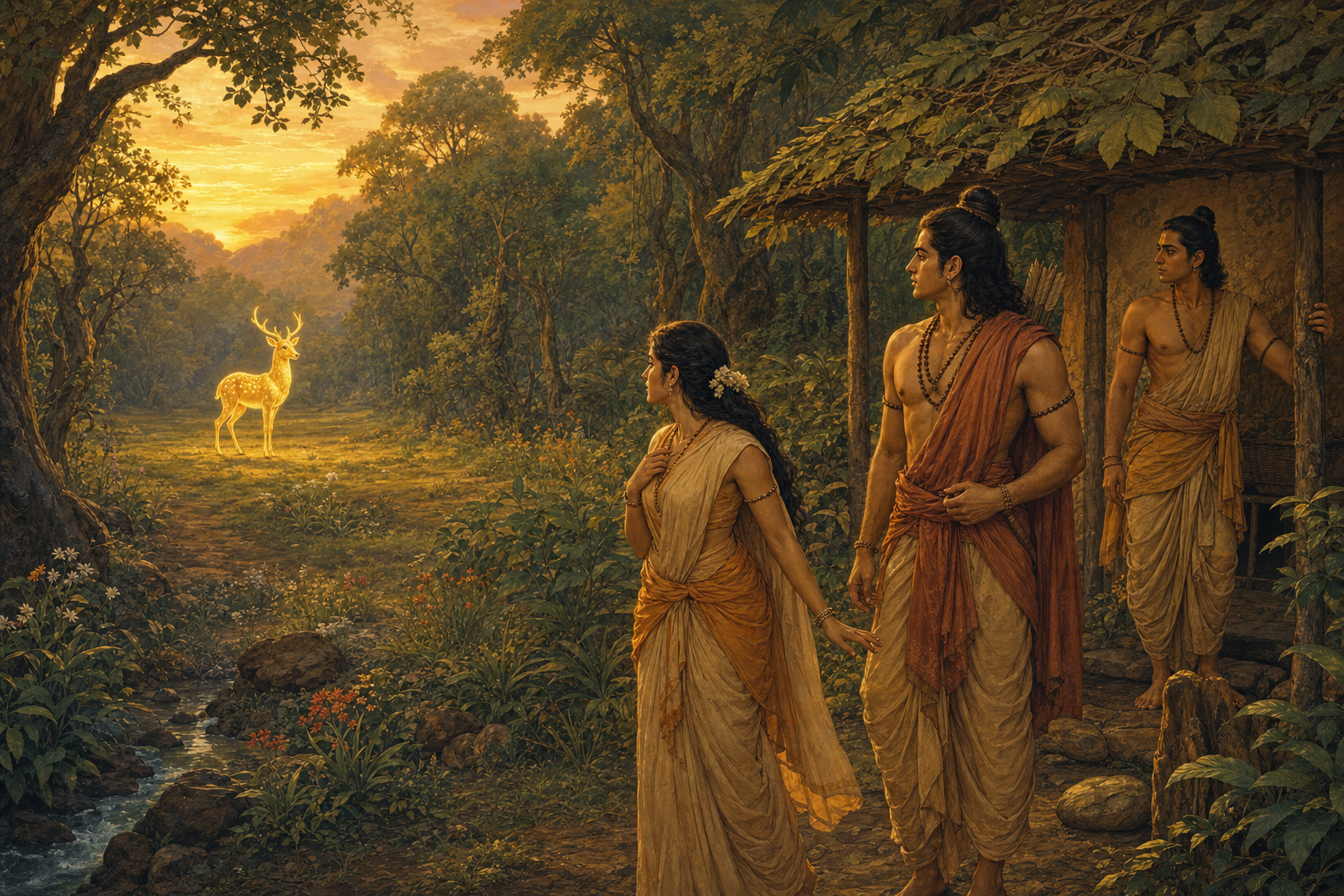 A golden deer stands in a forest clearing while three figures near a leaf-roofed dwelling pause and observe it before acting.
