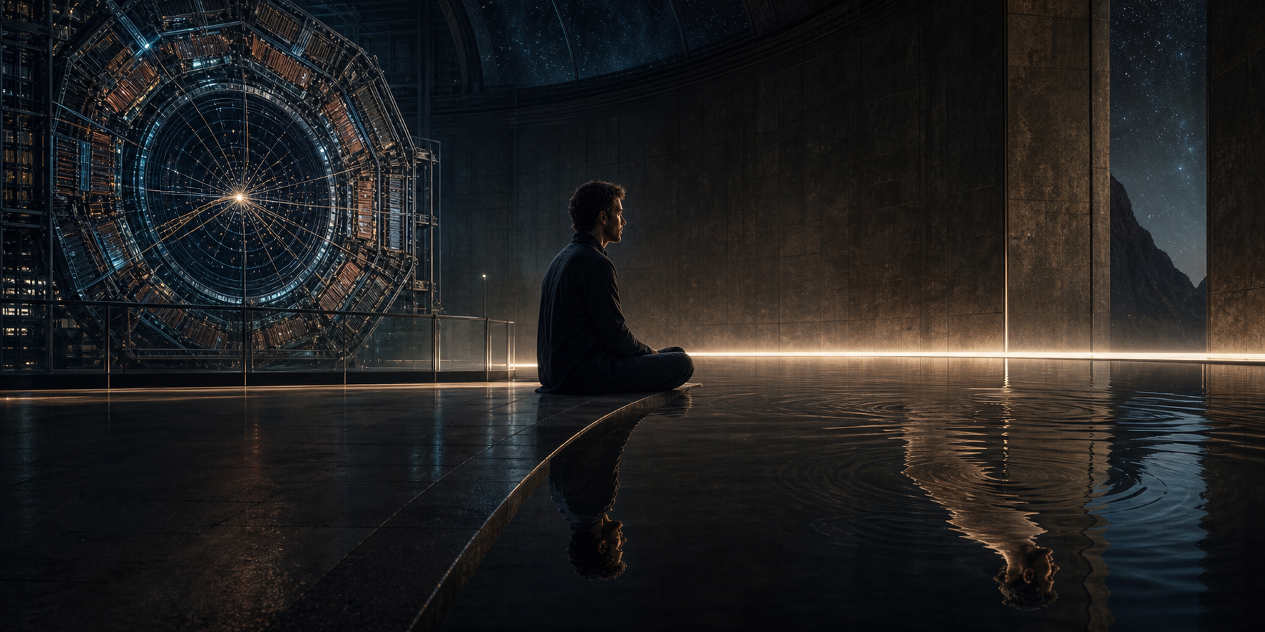A seated person between a glowing particle detector and a rippled reflection in a dark observatory-like room.