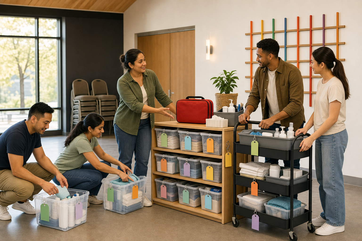 Two volunteer teams complete an organized service handoff beside supply bins, sanitation materials, a first-aid kit, and a delivery cart.