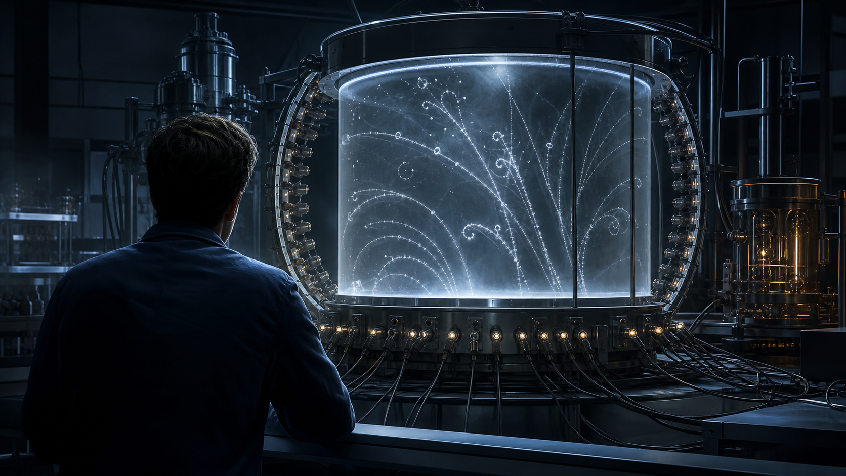 A scientist observes curved luminous tracks inside a transparent particle-detection chamber in a dim laboratory.