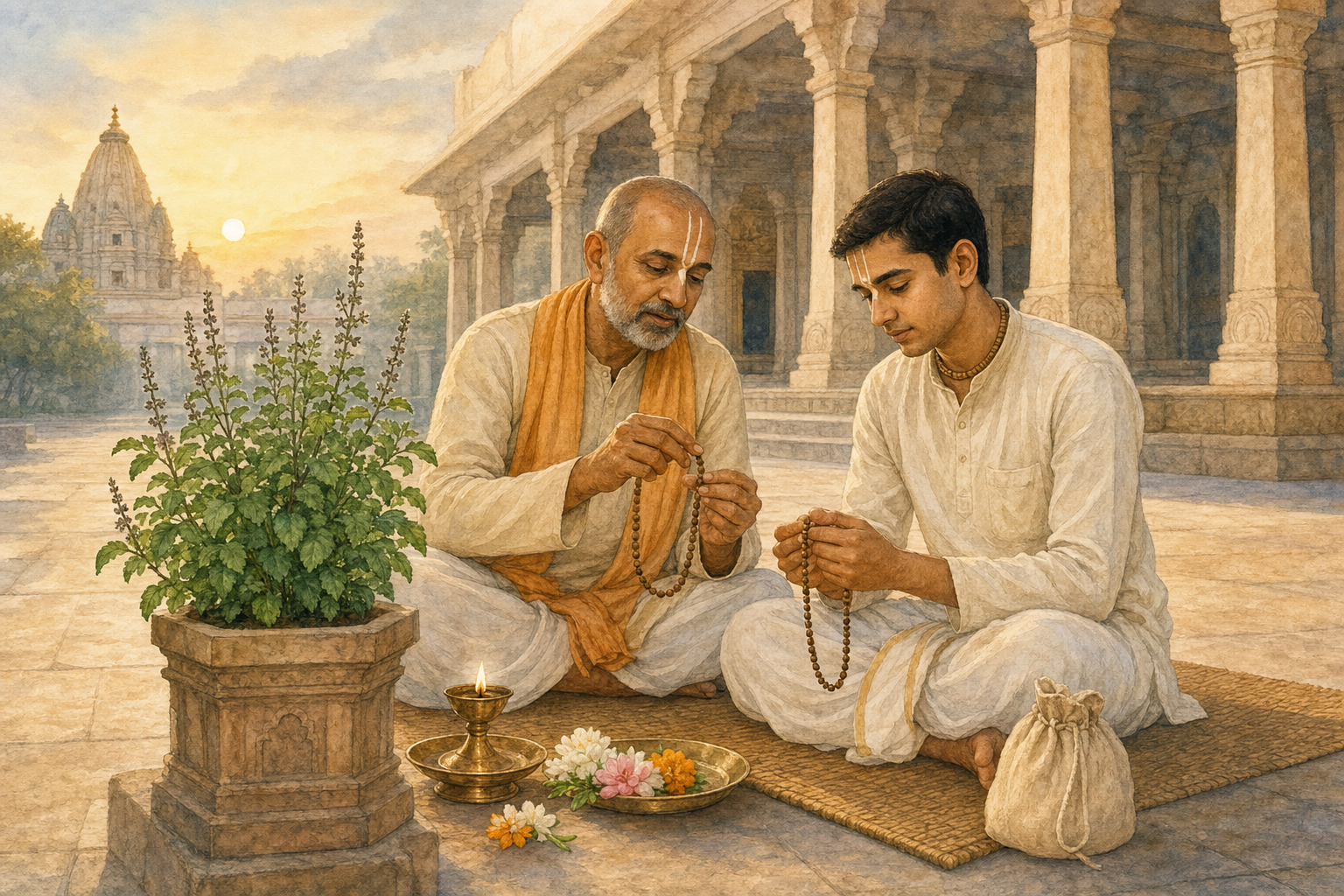 A Vaishnava teacher shows a younger practitioner how to use wooden prayer beads beside a tulasi plant in a temple courtyard at dawn.