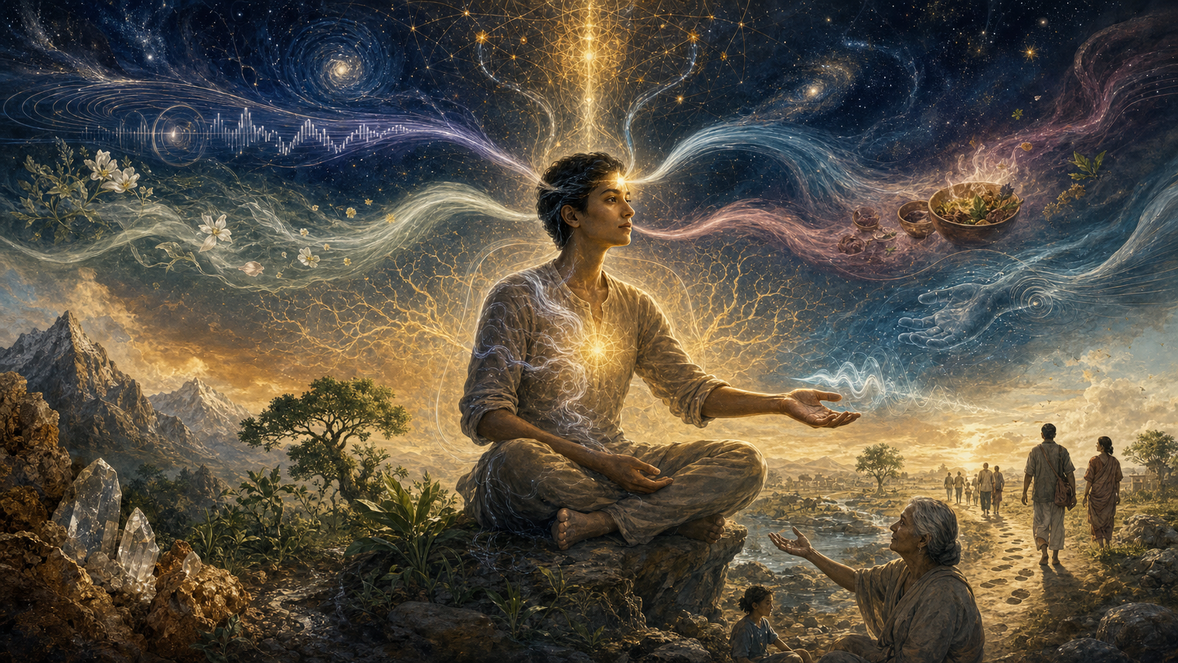 A seated person receives five sensory streams as a golden cosmic field unfolds behind them and their decision emerges through speech, an open hand, and forward steps.