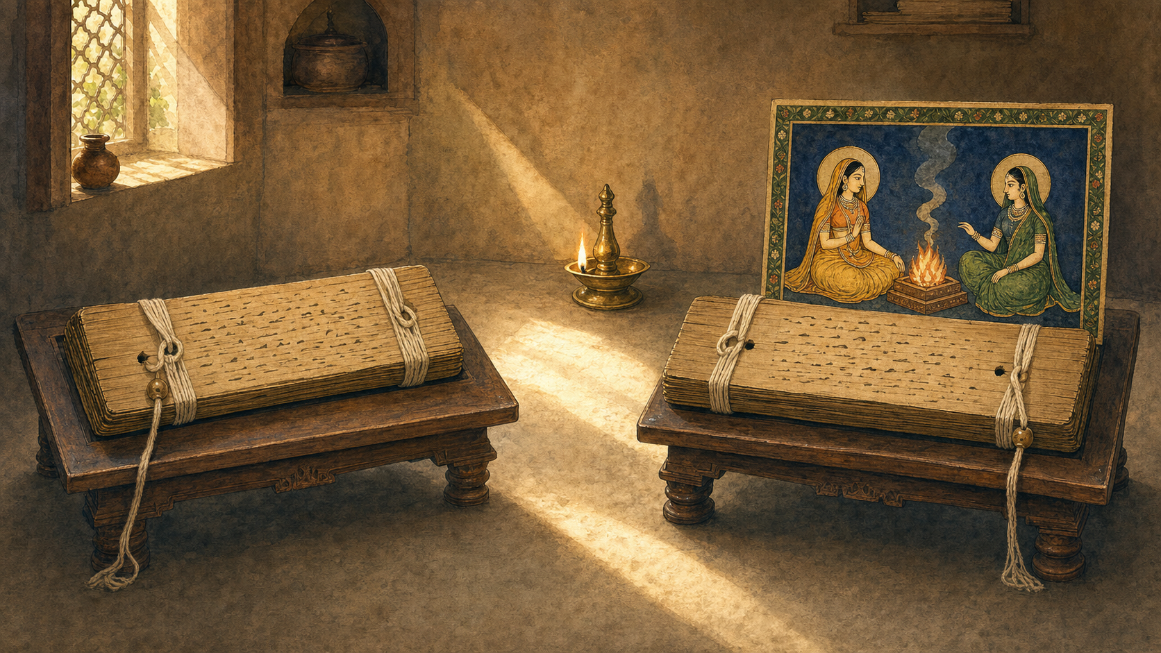 Two palm-leaf manuscript bundles sit on separate reading stands, one beside a small devotional image of two forms of Sita near a flame.