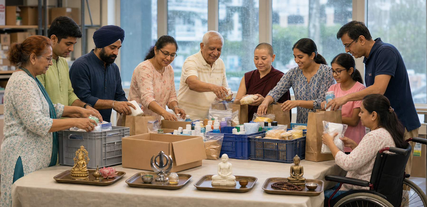 Volunteers from several dharmic traditions assemble relief parcels together at a neighborhood center while maintaining their distinct forms of dress and practice.