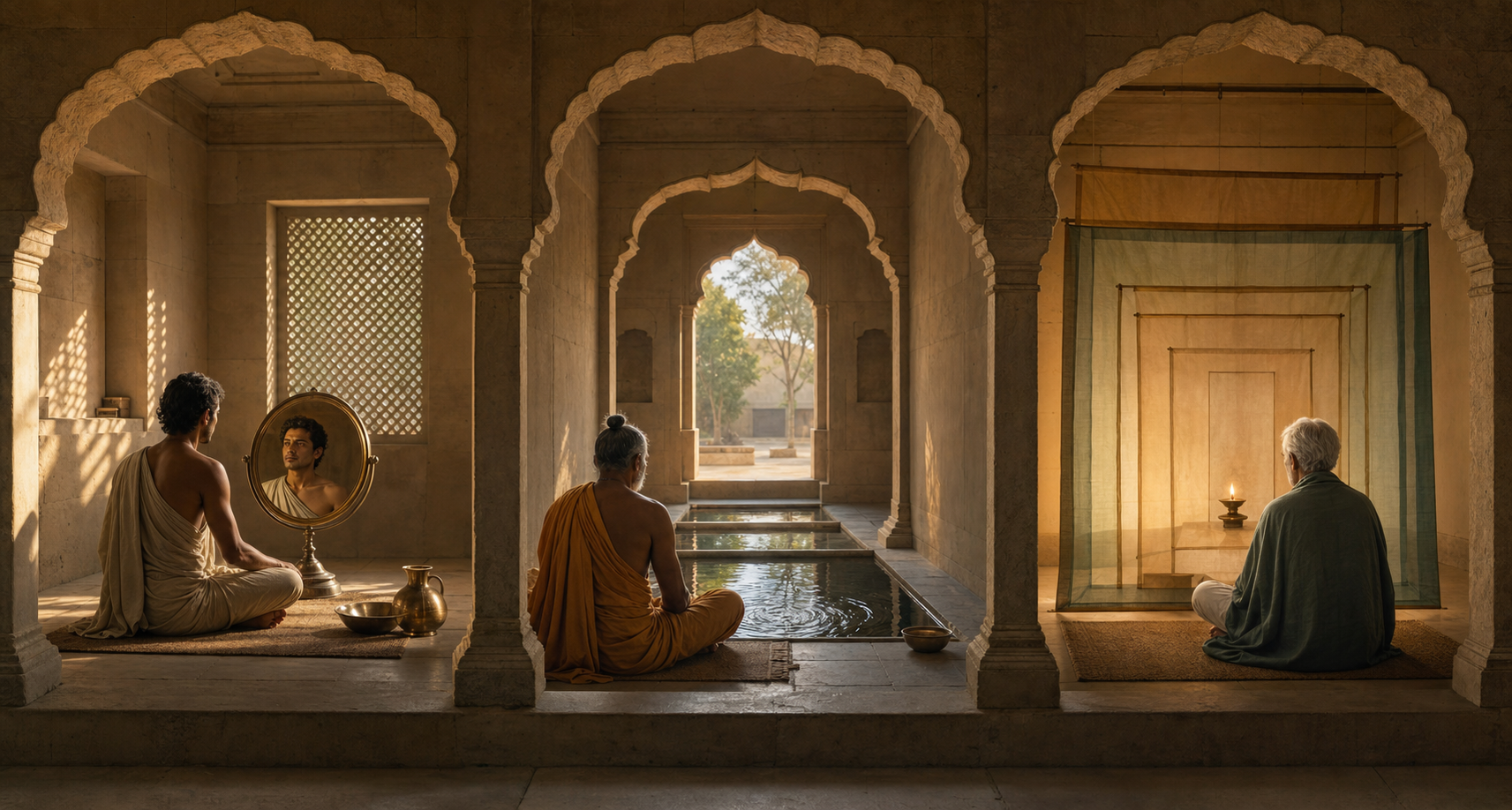 Three contemplative figures sit in separate study spaces with a mirror, changing water reflections, and a lamp behind translucent screens.