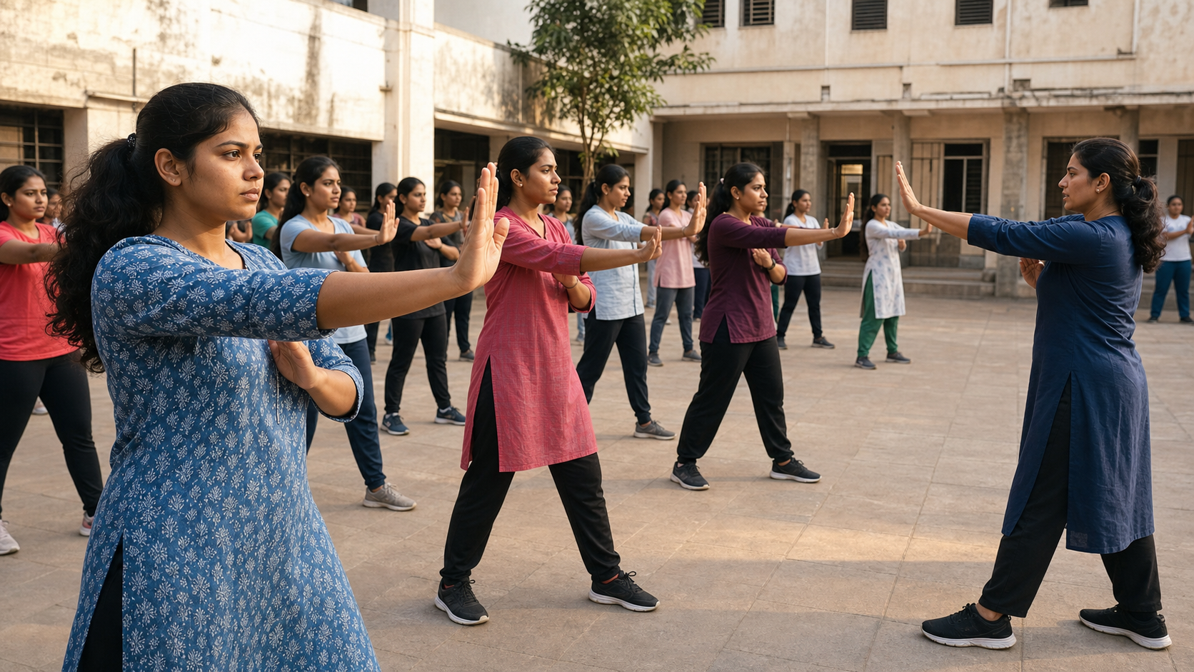 Young adult women practise an open-palm boundary gesture during a self-defence class in a college hostel courtyard in Pandharpur.