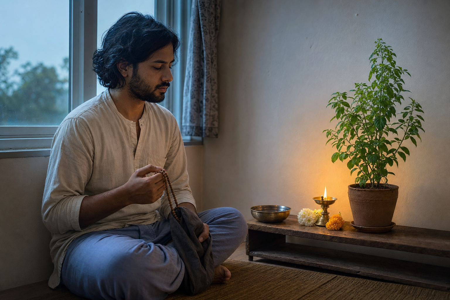 An adult chants with wooden prayer beads in a simple home devotional space with a tulasi plant, brass lamp, water, and flowers.