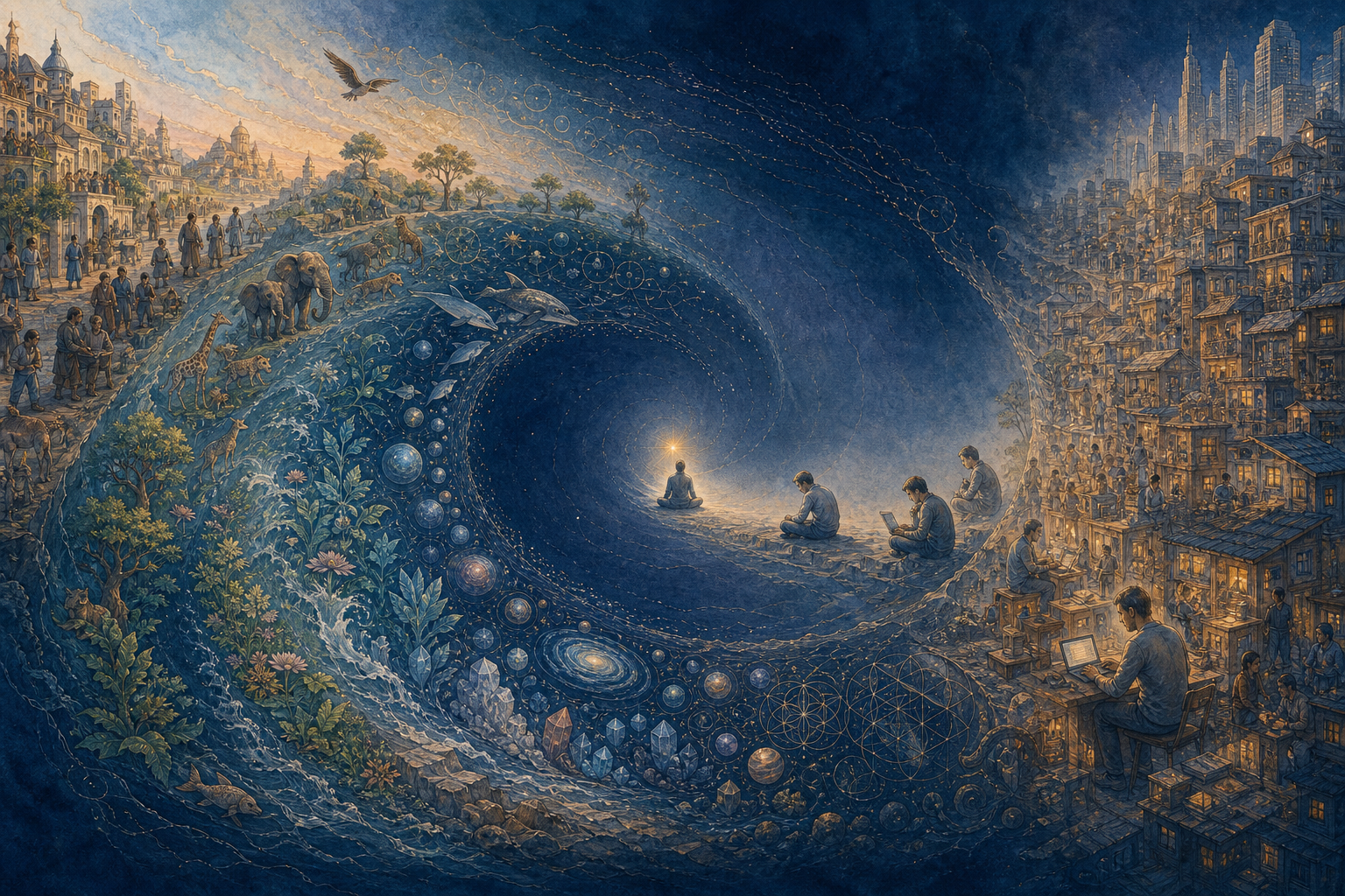 A continuous painted landscape unfolds from a golden center into nature and human life on one side, while a person moves from a busy world toward stillness on the other.