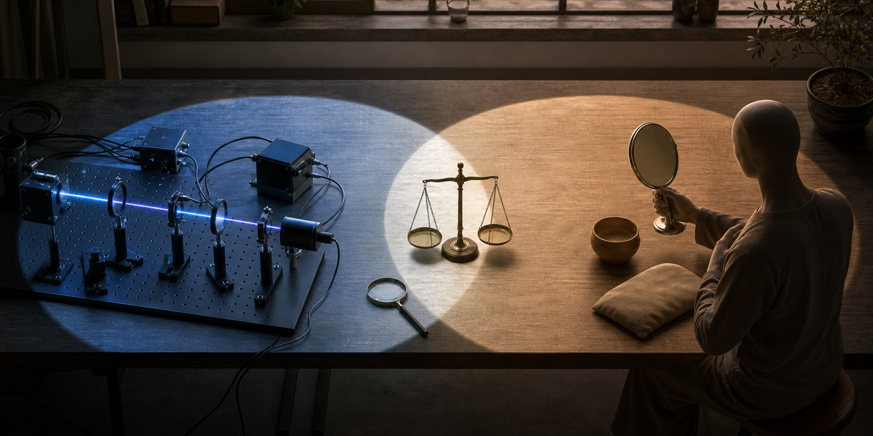 A divided worktable holds optical laboratory equipment on one side and a mirror, clay cup, and seated observer on the other.
